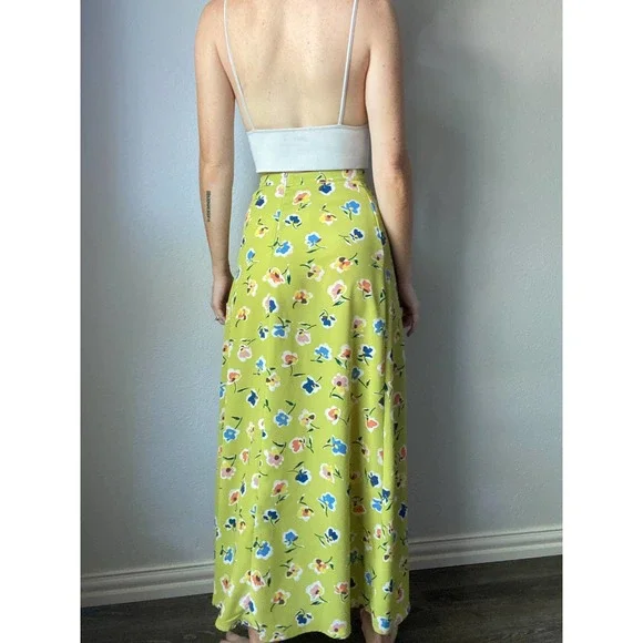 Vintage Lime Green Floral Print High Waist Maxi Slip Skirt - Picture 3 of 6